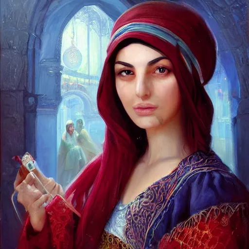 Image similar to portrait of a turkish woman ( 3 5 ) from turkey in 2 0 2 1, an oil painting by ross tran and thomas kincade