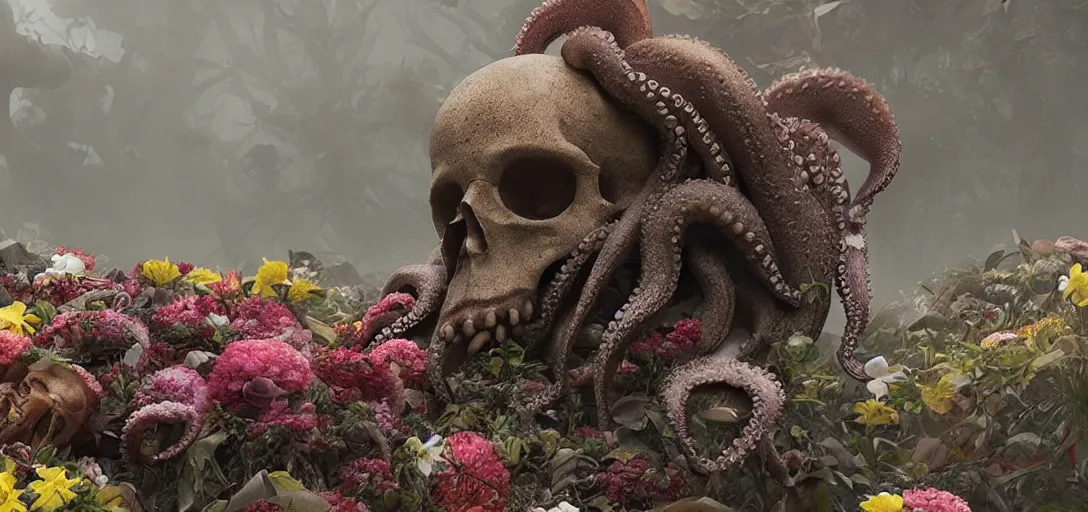 Prompt: an octopus in the shape of a skull surrounded by flowers covered in birds at noon, foggy, cinematic shot, photo still from movie by denis villeneuve, wayne barlowe