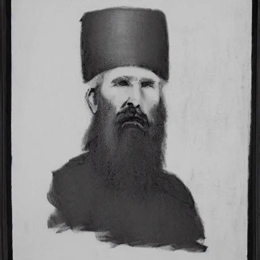 Image similar to charcoal portrait of an early 20th century russian orthodox priest, bald