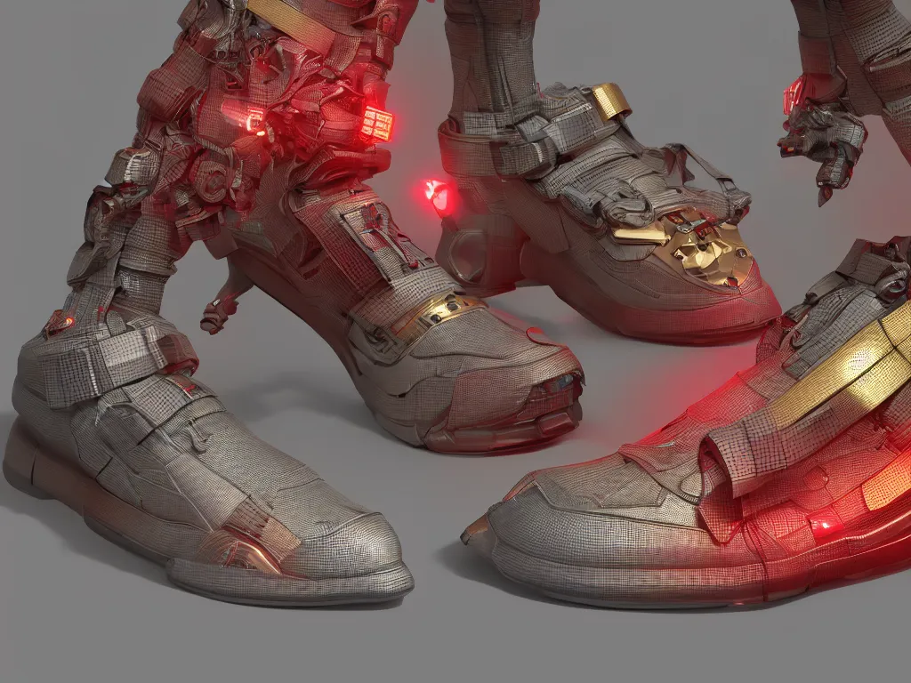 Image similar to realistic 3 d render of a cyberpunk android foot wearing sneakers, beautiful studio lighting, soft, sharp focus, neon cyberpunk highlights, intricate detail, gold and red accents, soft rubber, octane render, side view, close up, trending on artstation, deviantart