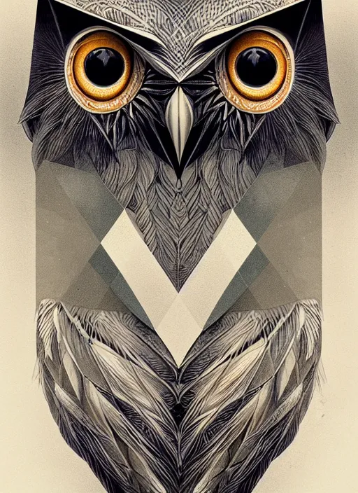 Image similar to portrait of a geometric owl, identical eyes, medium shot, illustration, full body made of white feathers, symmetrical, art stand, super detailed, cinematic lighting, and its detailed and intricate, gorgeous, by peter mohrbacher