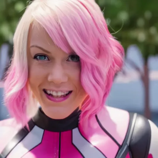 Prompt: A still of Gwenpool in Deadpool 3 (2023), blonde hair with pink highlights, no mask, white and light-pink outfit, smiling and winking at the camera, comics accurate design