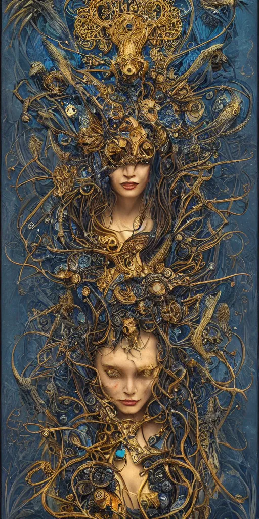 Image similar to a stunning interpretation of raven, highly detailed and intricate, golden ratio, blue colors, hypermaximalist, ornate, luxury, elite, horror, creepy, ominous, haunting, matte painting, cinematic, cgsociety, james jean, brian froud, ross tran