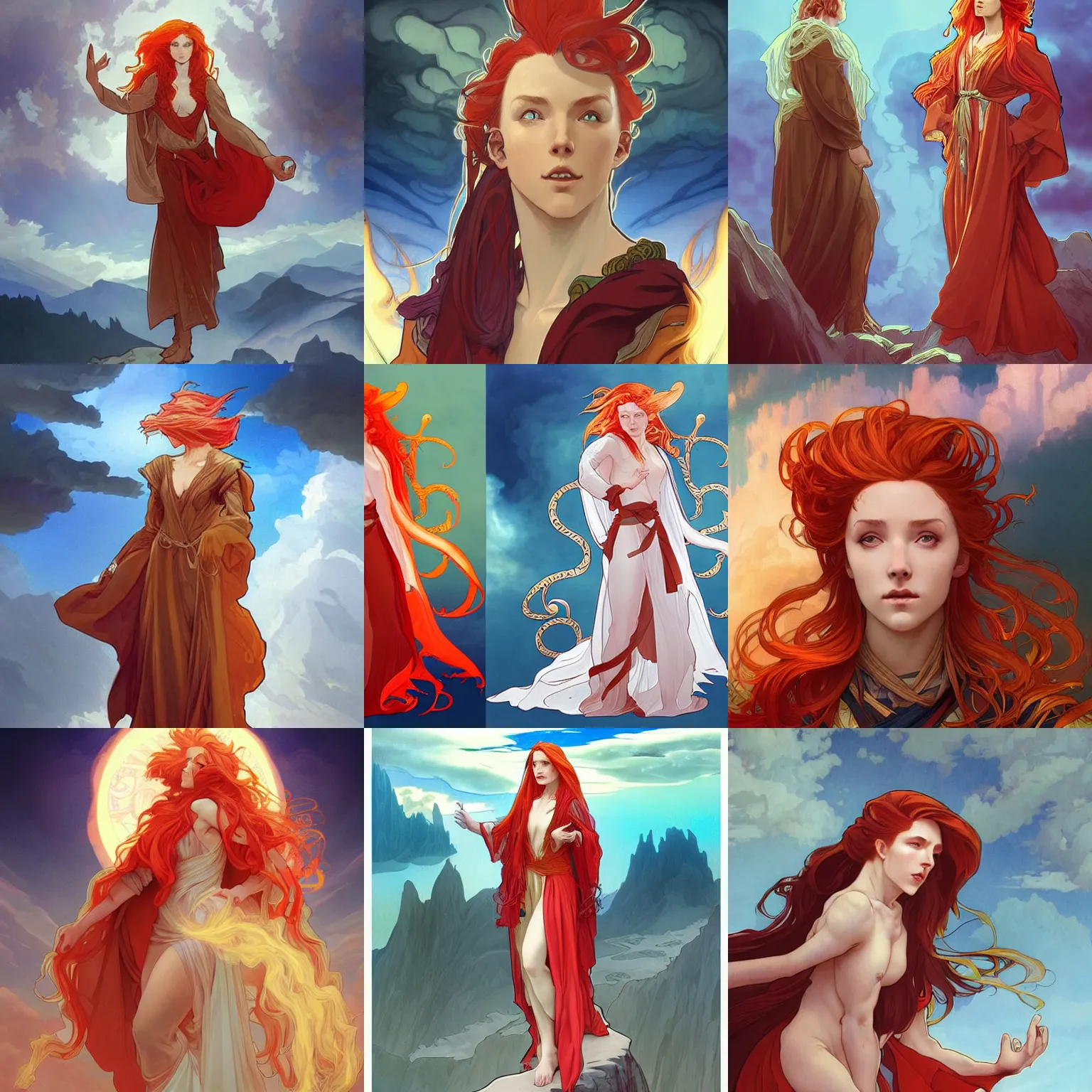 Prompt: a beautiful fire wizard with fire red hair, freckles. wearing robes inspired by alphonse mucha, standing on a mountain top with epic clouds and volumetric lighting. intricate illustration and highly detailed digital painting. concept art by artgerm. inspired by brom art and larry elmore.