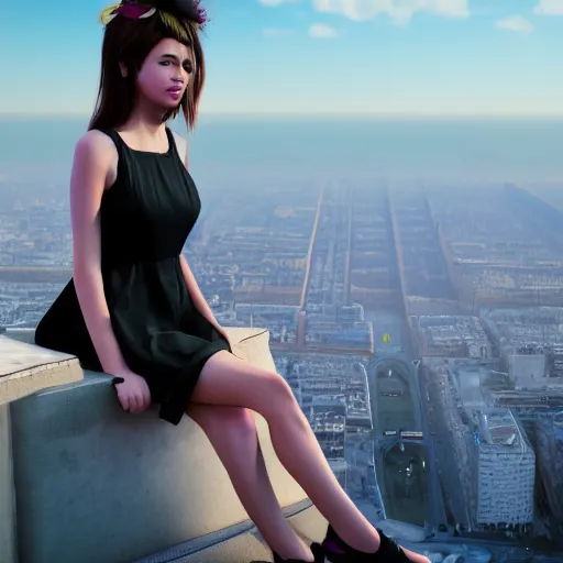 Image similar to A young beautiful giantess wearing a sundress sitting on the Eifel tower, beautiful lighting,digital art , highly detailed , high contrast, beautiful lighting, award winning , trending on art station, 8k, photorealistic,unreal engine 5