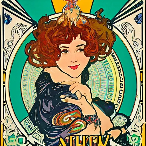 Image similar to a vintage poster with border of a Caucasian fortune teller lady with curly hair, a spread of tarot cards on a table, cats on her side, in a colorful tent, Alphonse Mucha poster ,