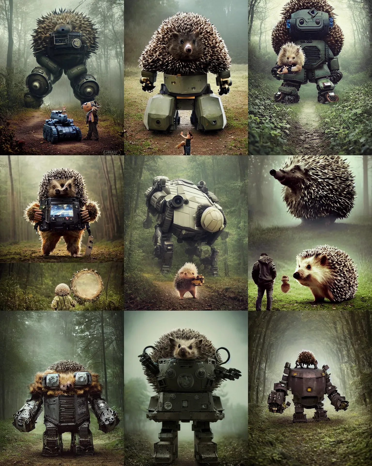 Prompt: giant oversized battle hedgehog robot wacky chubby war mech with giant oversized hair ,battle armor,and hedgehog babies ,on forest path , full body , Cinematic focus, Polaroid photo, vintage , neutral dull colors, foggy , by oleg oprisco , by thomas peschak, by discovery channel, by victor enrich , by gregory crewdson