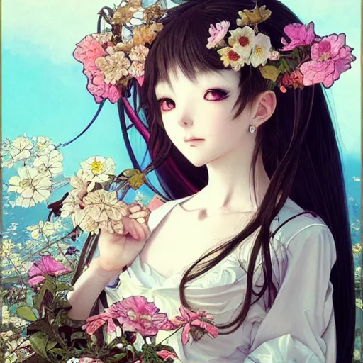 Image similar to a masterpiece ultrarealistic ultradetailed portrait of beautiful anime girl in bunny costume baroque renaissance. medium shot, intricate, elegant, by stanley artgerm lau, wlop, alphonse mucha, rossdraws, andrei riabovitchev, yoshitaka amano. in style of hayao miyazaki. flower background my james jeand and takashi murakami.