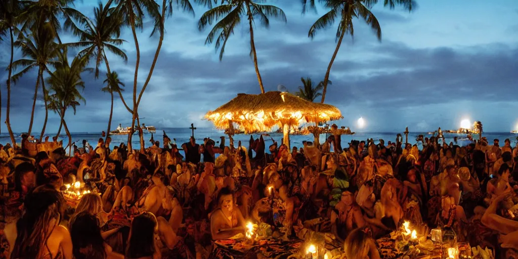 Prompt: Haunted Hawaiian Luau, crowded with ghosts on a moon lit beach