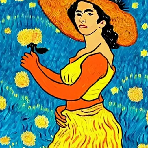 Image similar to beautiful tan mexican woman, dancing in a field of roses, prominent rosy cheek bones, black hair and brown eyes, van gogh art style,