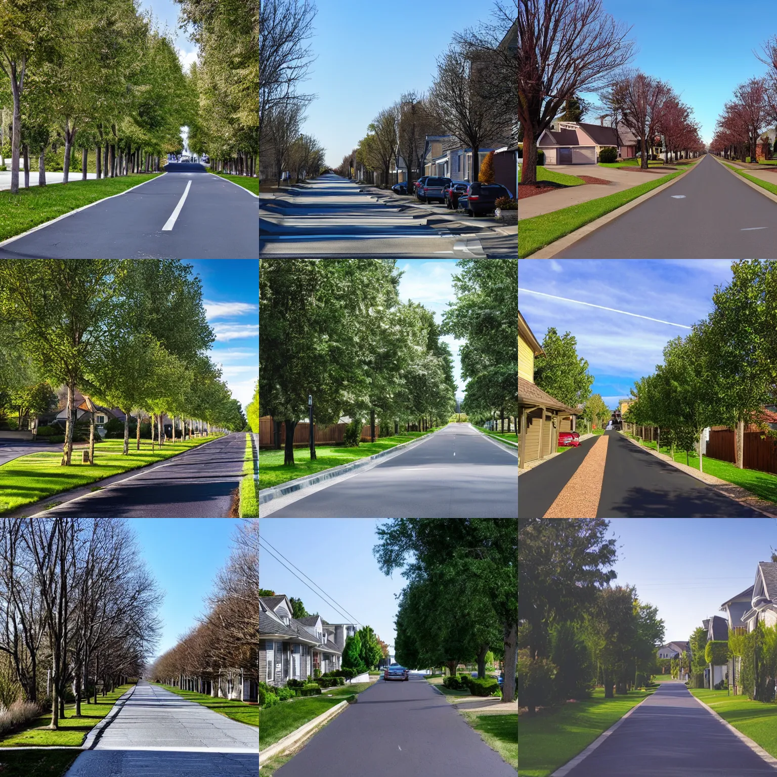 Prompt: a suburban street on a clear day, in illusionist style