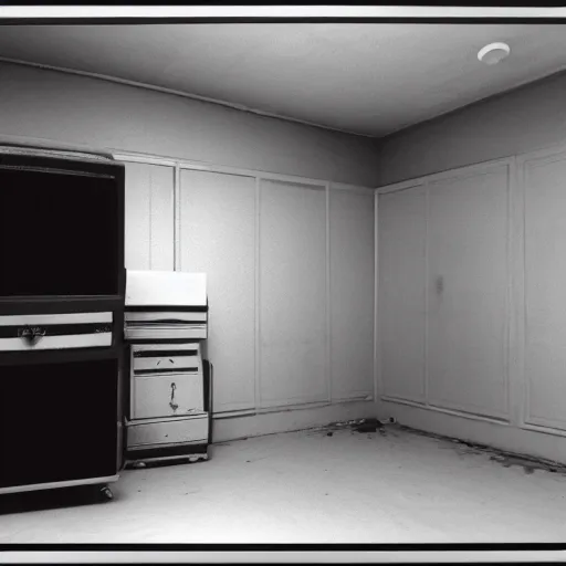Prompt: Photograph of an old black room with a TV playing an emergency warning, dust in the air, brown wood cabinets, taken using a film camera with 35mm expired film, bright camera flash enabled, award winning photograph, creepy, liminal space