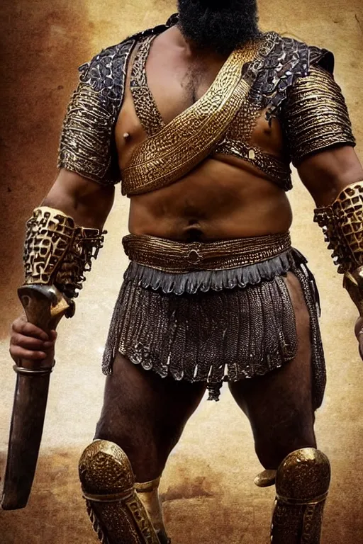 Prompt: ancient Mesopotamian warrior, thick braided beard with golden rings, intricate bronze armour, very muscly, dark skin, strongman, big smile. Full body dynamic pose. in the style of a Bollywood movie poster.