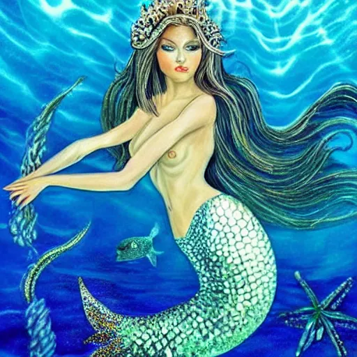 Prompt: an extremely realistic portrait of a fantastic real mermaid with an ultra perfect and ultra detailed wild face with beautiful, ultra detailed wild blue eyes a fantastic crown of diamons and a diamond dust glitter and sparkles tail, swimming in a beautiful blue ocean