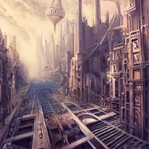 Image similar to annibale siconolfi, valerio arcesi, randie de la cruz, inward 3 d art dystopian future cityscape, intricate detailed futurism futuristic cybernetic neo - landscape, hyperrealism hyperdetailed, art nouveau architecture gothic, infinity inception style, 8 k