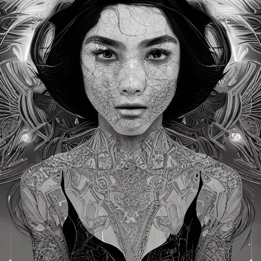 Prompt: the portrait of an unbelievably beautiful, elegant, sensual, and sophisticated young woman, an ultrafine detailed illustration by james jean, intricate linework, bright colors, final fantasy, behance contest winner, vanitas, angular, altermodern, unreal engine 5 highly rendered, global illumination, radiant light, detailed and intricate environment