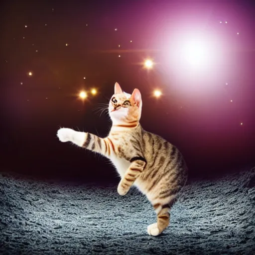 Prompt: longshot of a cat in an astronaut helmet leaping from planet to planet among the stars at night with diffused light