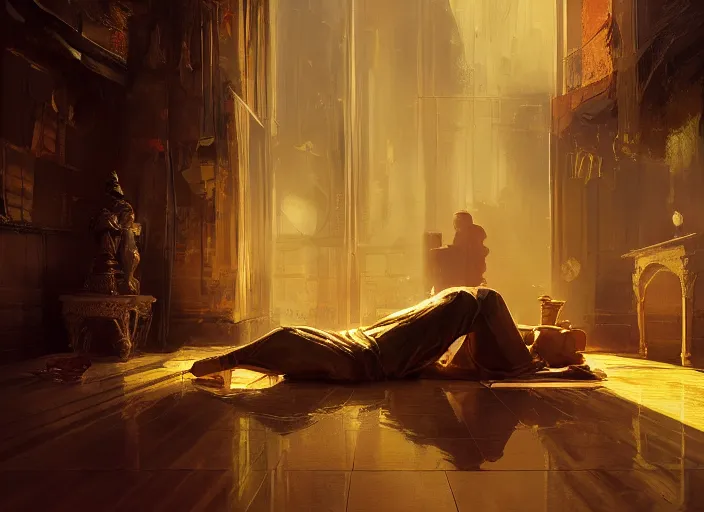 Image similar to the rich golden house and silhouette man lying on the floor alone around volumetric lighting, digital painting, highly detailed, artstation, sharp focus, illustration, concept art, ruan jia, steve mccurry, amazing composition