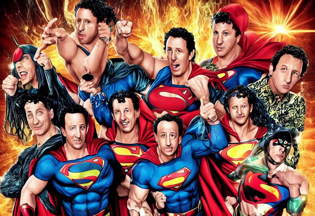 Prompt: comic book of Adam Sandler, Rob Schneider, and Paulie Shore, style of DC comics, justice league, HD, 4K, matte accents