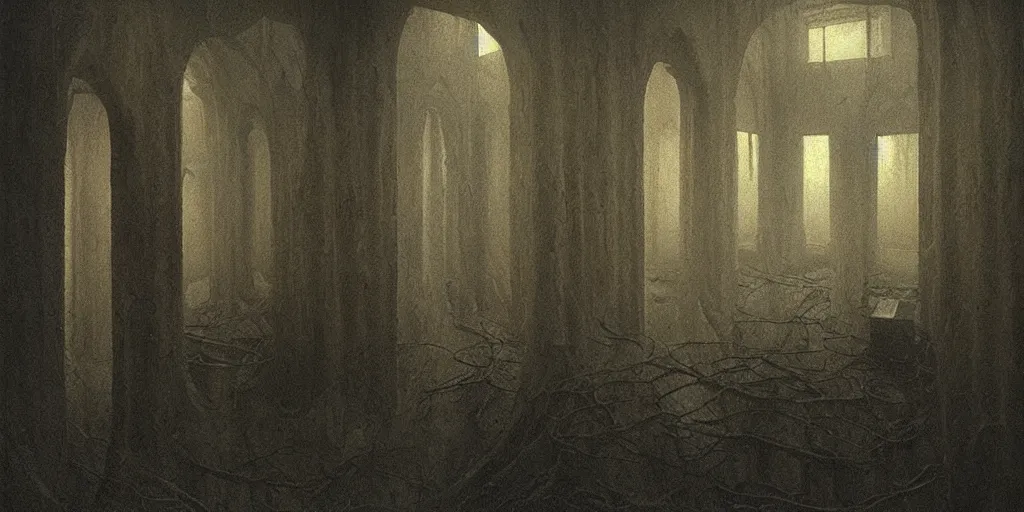 Image similar to an interior by zdzislaw beksinski, immaculate scale, dystopian surrealism, concept art, digital art, dark atmosphere