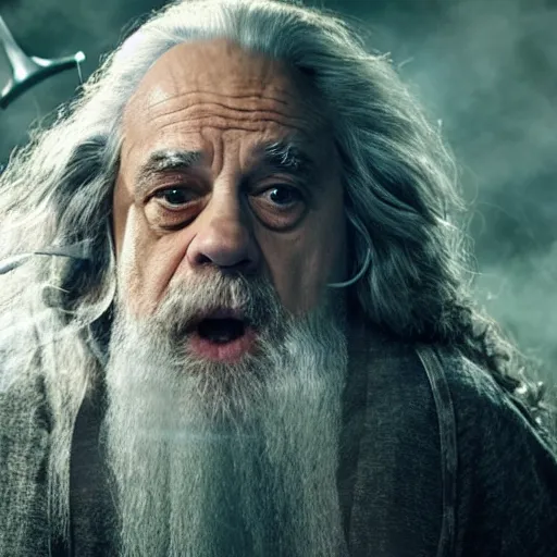 Prompt: film still of danny devito starring as gandalf the white in the 2 0 2 4 lord of the rings movie smoking, full body, hyper realistic, high quality, wide angle