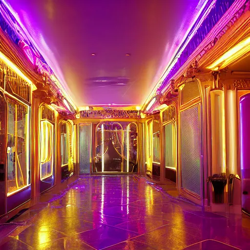 Image similar to wide angle photo of 60‘s great lounge baths interior from eyes wide shut, with golden intricate details and subtle lights, neon-decorated urban on night in the city seen through the windows,modern interior design, architectural design, vintage, night blade runner, dark, postapocalyptic, clean lines, 4k, octane, colorful ,lunarcore city seen at distance outside, big windows,octane, wide angle