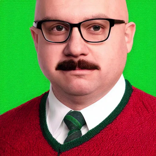 Prompt: portrait photograph of a mostly bald man with thick glasses, a small mustache and a red and green checkered sweater vest