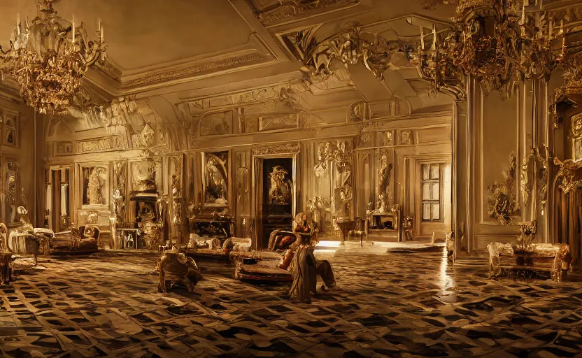 Image similar to realist rococo painting of a 1 9 2 0 s party in a beautiful mansion grand foyer, many partygoers, strong contrast, unreal engine, hyper realism, realistic shading, cinematic composition, realistic render, octane render, detailed textures, photorealistic, ultrawide shot, 3 5 mm film