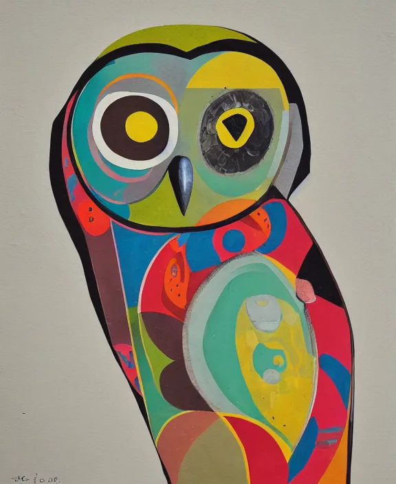 Image similar to owl, mixed media, abstract on canvas, gouache paint, matte colors, nostalgiacore, vintage, 1 9 5 0's decor, retro, intricate maximalism, flat shading, voronoi, groovy, low fi,