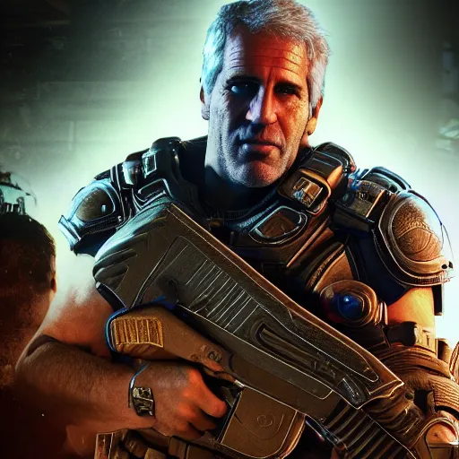 Image similar to jeffrey epstein in gears of war, splash art, movie still, cinematic lighting, glowing, neon light, ray tracing, octane render, long lens, shallow depth of field, bokeh, anamorphic lens flare, 8 k, hyper detailed, 3 5 mm film grain