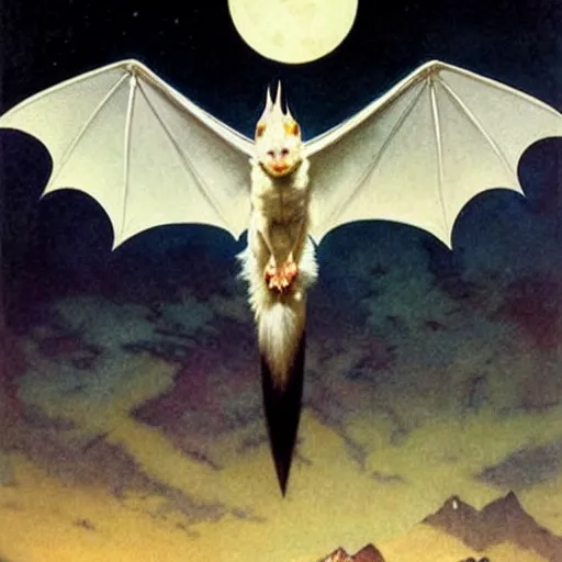 Image similar to hyper realistic white bat, flying against a dark black night sky, mountain in the background, moonlight, denoised, very detailed, painted by james gurney, alphonso mucha, norman rockwell, tom bagshaw