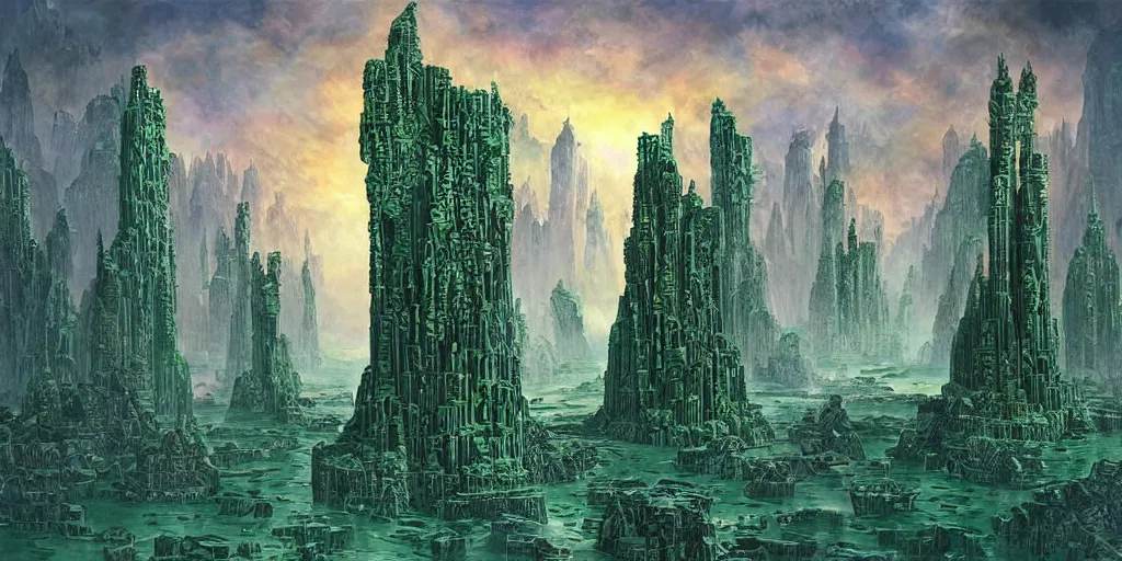 Prompt: soaring brick towers on dark evil malachite stronghold, under outer world forrest, rivers and lakes, art by Dmitry Dubinsky