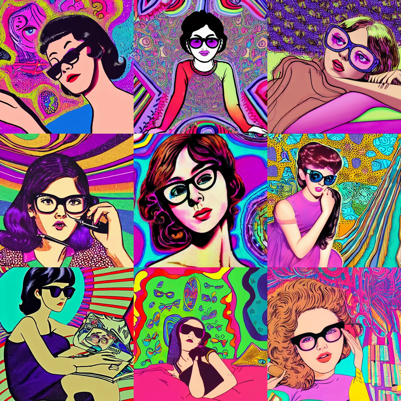 Prompt: realistic 1960s teenage girl, black pixie hair and ray ban glasses, laying over a victor moscoso background, colorful, trippy. dmt. bedroom. writting on her diary