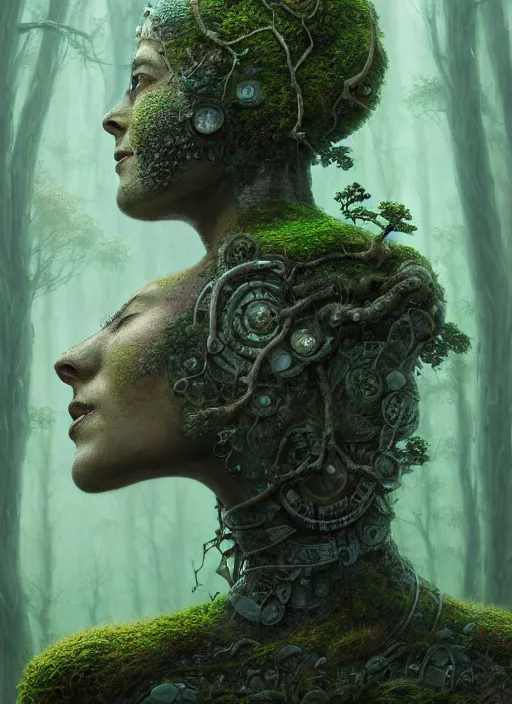 Image similar to Portrait of an Ancient Stone Robot with a tree growing out of her head, patches of moss, translucent leaves, extremly detailed digital painting, in the style of Tomasz Alen Kopera and Fenghua Zhong and Peter Mohrbacher, mystical colors, rim light, beautiful lighting, 8k, stunning scene, raytracing, octane, trending on artstation