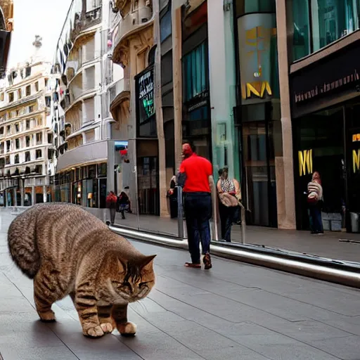 Image similar to A giant cat is walking through Gran Via in Madrid