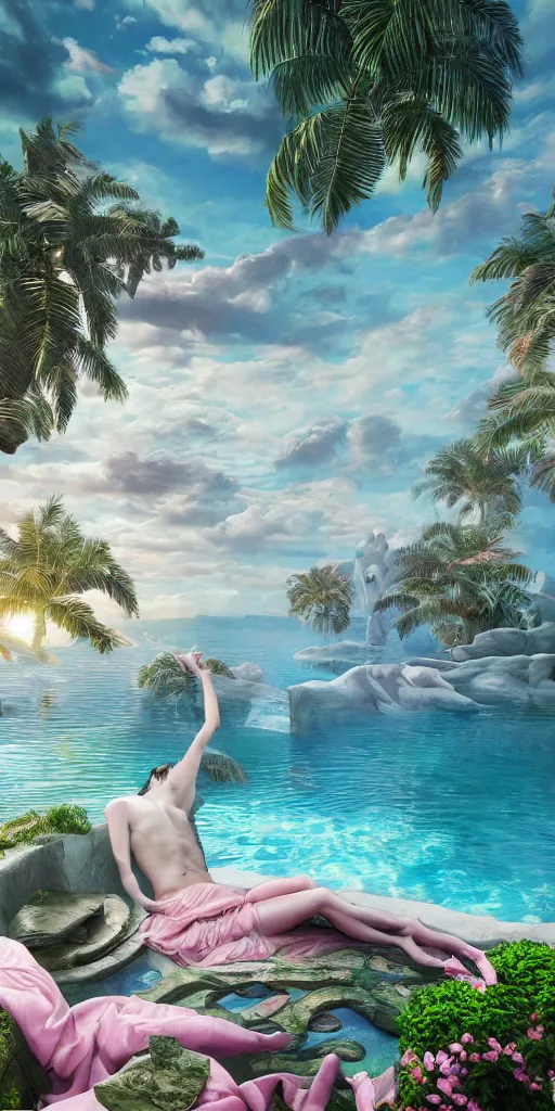 Image similar to masterpiece, hyperrealistic surrealism, award winning masterpiece with incredible details, epic stunning, infinity pool, a surreal vaporwave liminal space, highly detailed, trending on ArtStation, calming, meditative, pink arches, flowing silk sheets, palm trees, very vaporwave, very very surreal, sharp details, dreamscape, daily deviation, IAMAG