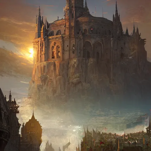 Image similar to The capital of a medieval kingdom located by the sunlit sea, fantasy, highly detailed, digital painting, artstation, concept art, illustration, art by Bayard Wu and Marc Simonetti and Diego Gisbert Llorens