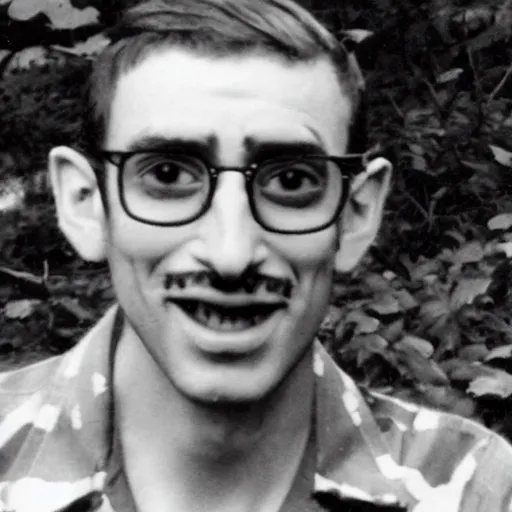 Prompt: A hybrid of Asmongold and Ricky Berwick spotted in the forest. 1940s photograph.