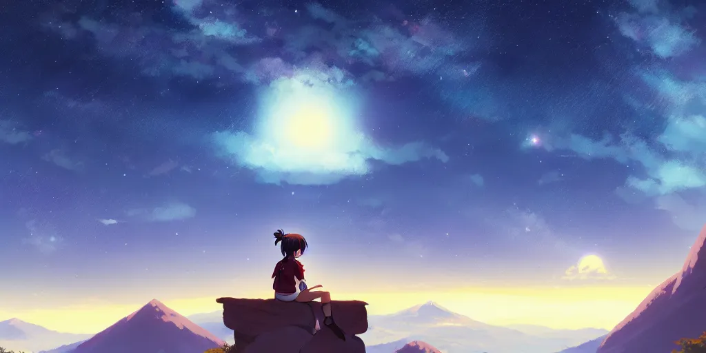 Image similar to a schoolgirl girl sat on the hillside and looked at the stars in the night sky, midnight, spectacular milky way, shining meteor, official media, anime key visual, detailed, artwork by makoto shinkai. - h 5 7 6