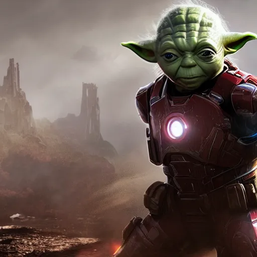 Image similar to yoda as ironman ironman in gears of war, splash art, movie still, cinematic lighting, dramatic, octane render, long lens, shallow depth of field, bokeh, anamorphic lens flare, 8 k, hyper detailed, 3 5 mm film grain