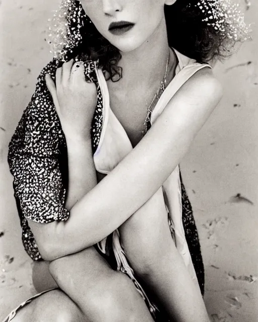 Image similar to a beautiful professional photograph by herb ritts, arthur elgort and ellen von unwerth for vogue and harper's bazaar magazines of a very beautiful lightly freckled and unusually attractive female fashion model