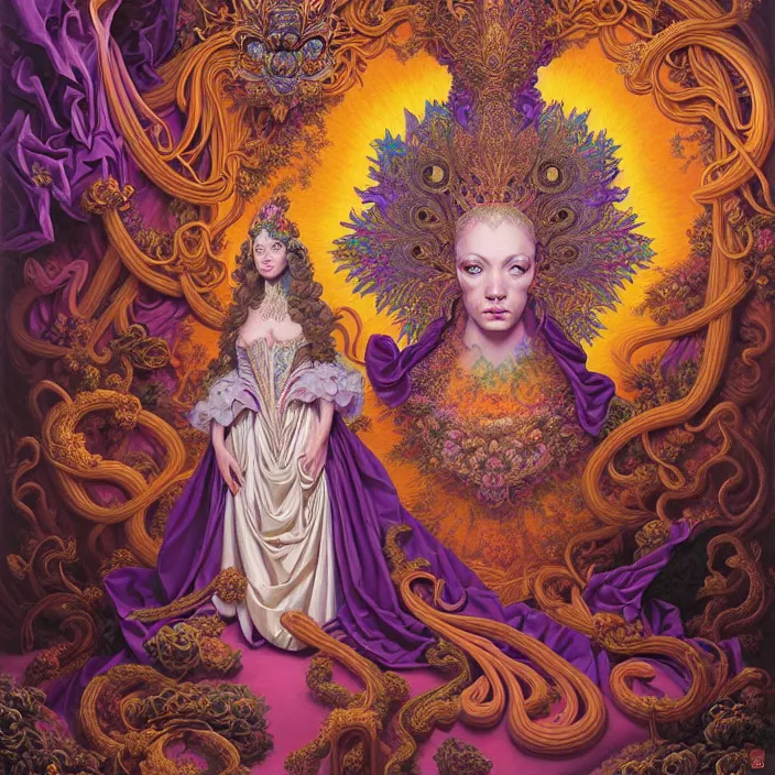 Image similar to beautiful oil painting, full length portrait of dauphinois in baroque coronation robes 1701, Dan Mumford, Dan Mumford, Alex grey, hyacinthe rigaurd, highly detailed , lsd visuals, dmt fractal patterns, hallucinogen, visionary art, psychedelic art, ornate, vaporwave, baroque, Greg rutkowski