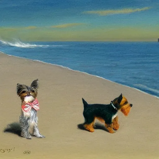 Image similar to a Yorkshire terrier at the beach wearing a bow tie, extremely detailed masterpiece, illustration, by Michael Sowa,