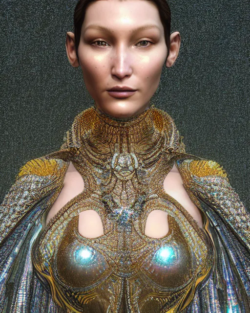 Image similar to a highly detailed metahuman 4 k close up render of an alien goddess bella hadid as jesus christ in iris van herpen dress schiaparelli in diamonds crystals swarovski and jewelry iridescent in style of alphonse mucha gustav klimt trending on artstation made in unreal engine 4