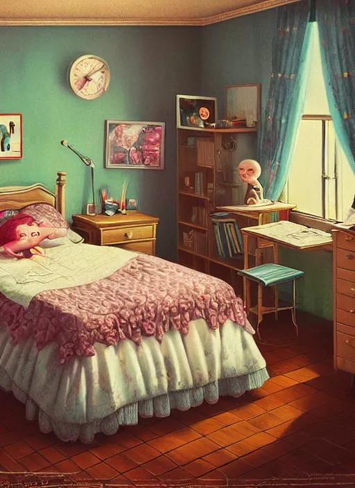 Image similar to highly detailed wide - angle portrait of a retro 1 9 6 0 s bedroom, nicoletta ceccoli, mark ryden, lostfish, earl nore, hyung tae, frank frazetta, global illumination, god rays, detailed and intricate environment