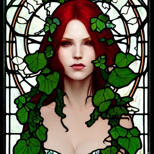 Prompt: a stunningly detailed stained glass window of a beautiful poison ivy with white skin wearing a business suit, dark eyeliner, intricate, elegant, highly detailed, digital painting, artstation, concept art, sharp focus, illustration, art by greg rutkowski and alphonse mucha