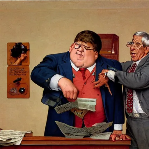 Prompt: peter griffin from family guy being held hostage by dr. anthony fauci, painted by norman rockwell