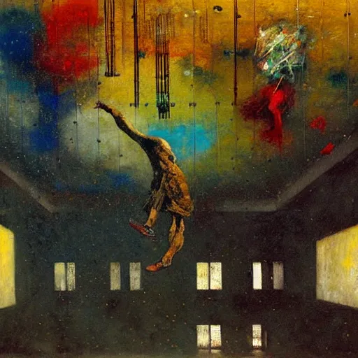 Prompt: a mechanical god hangs from the ceiling in a cold and empty room, a high detailed mordecai ardon painting, by adrian ghenie and gerhard richter. art by james gurney. masterpiece, deep colours.