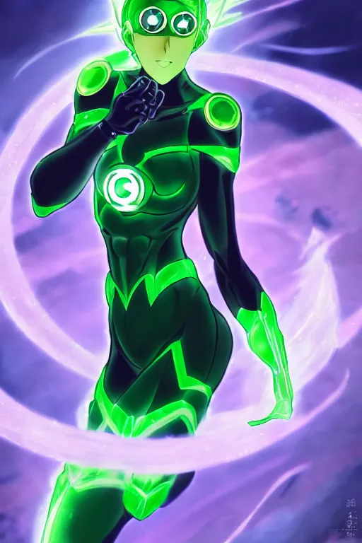 Image similar to anime key visual of a beautiful female green lantern, intricate, glowing accents, powers, glowing ring, speed, goddess, dc comics, cinematic, stunning, highly detailed, digital painting, artstation, smooth, hard focus, illustration, character concepts by senior concept artist