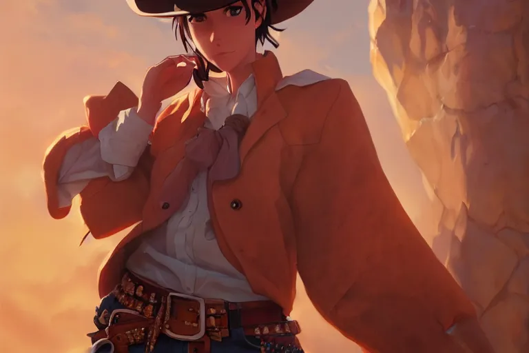 Image similar to western cowgirl, single centered subject, mid shot, ambient lighting, detailed face, by makoto shinkai, stanley artgerm lau, wlop, rossdraws